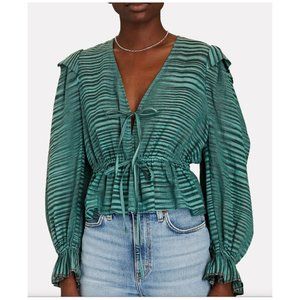 NWOT ULLA JOHNSON Women's Green Ophelia Gathered Striped Peplum Blouse